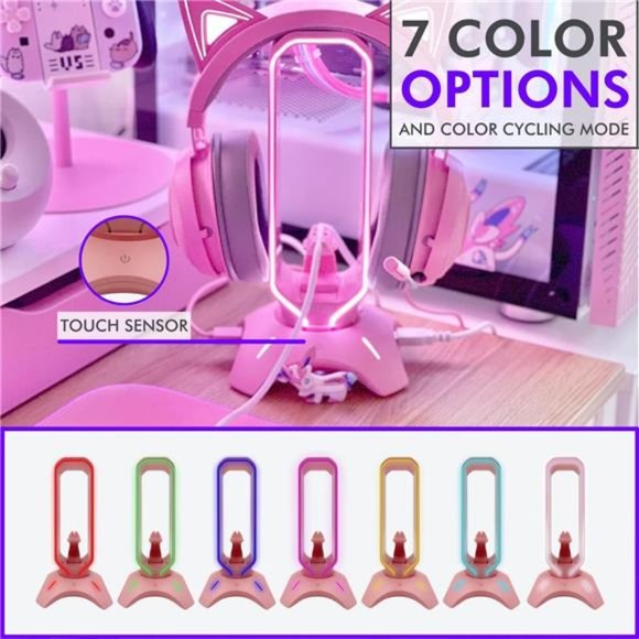 RGB Gaming Headset Stand - 3 in 1 Pink Headphone Stand with Mouse Bungee - Picture 4 of 6